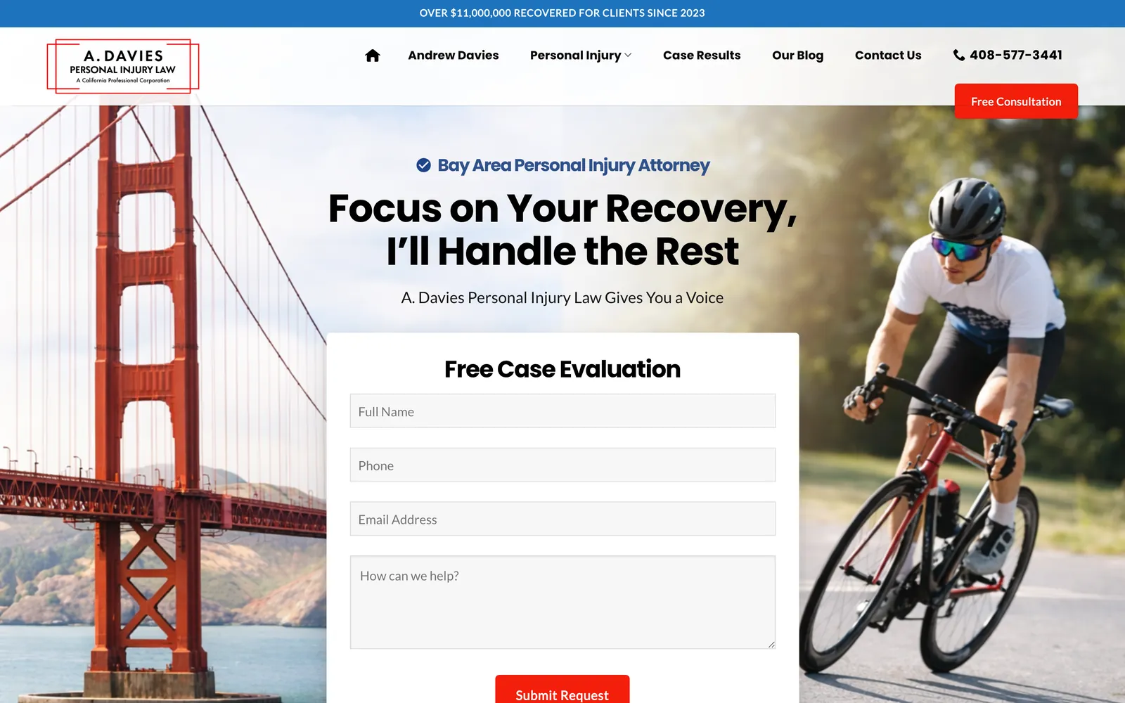 The A. Davies Personal Injury Law website on desktop, designed and built by Northern Pine Marketing
