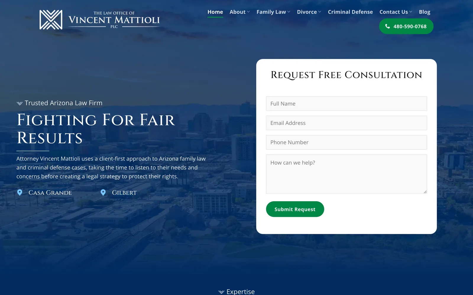 The Law Office of Vincent Mattioli website on desktop, designed and built by Northern Pine Marketing